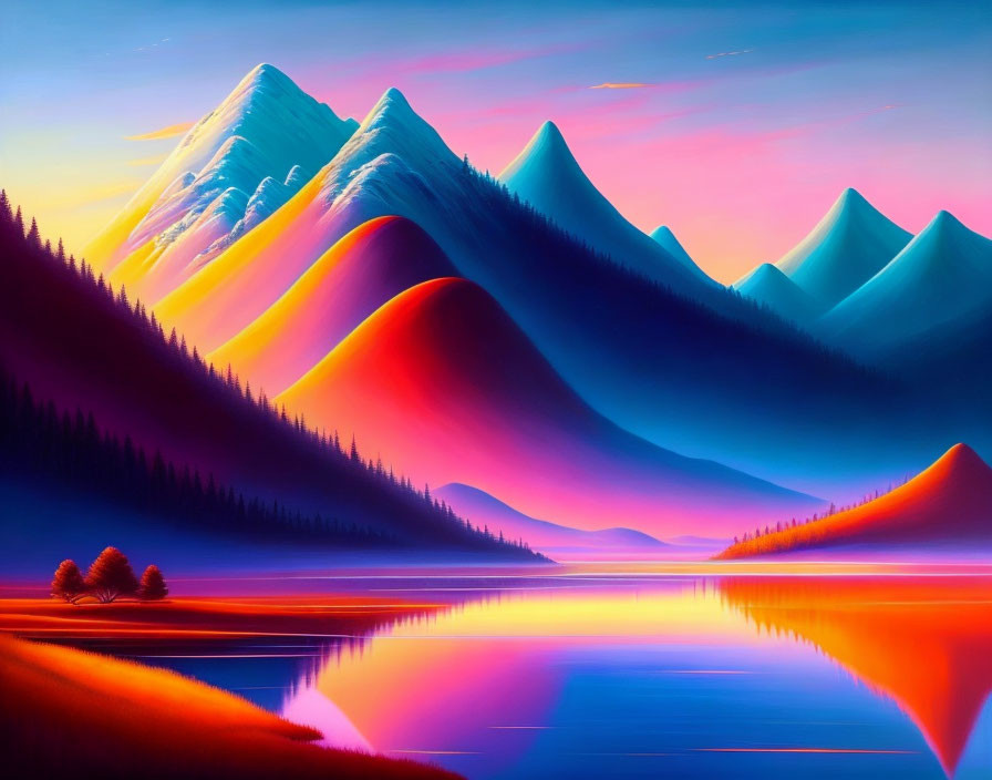 Colorful neon-lit mountain ranges with reflective lake and solitary tree