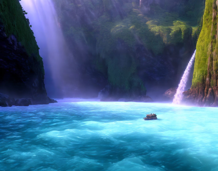 Small boat near majestic waterfall in turquoise waters