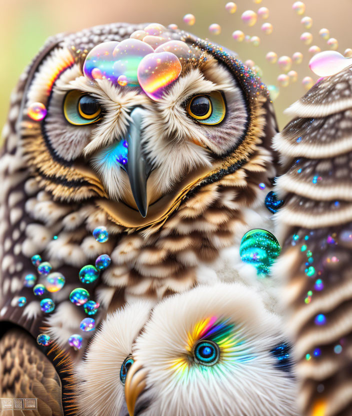 Vibrant image of two owls with colorful eyes in dreamlike scene