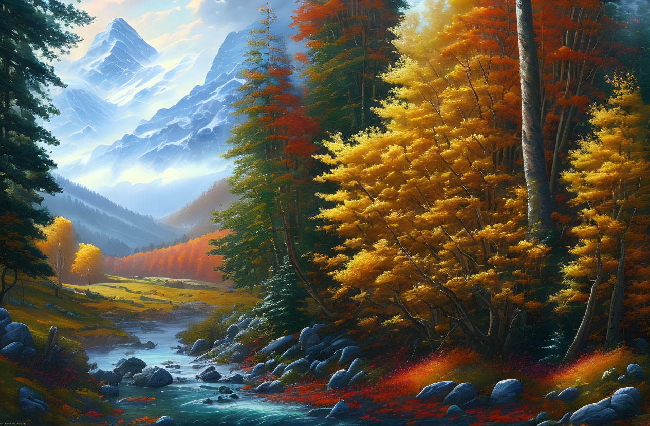 Scenic autumn forest landscape with river, colorful trees, and mountain backdrop.