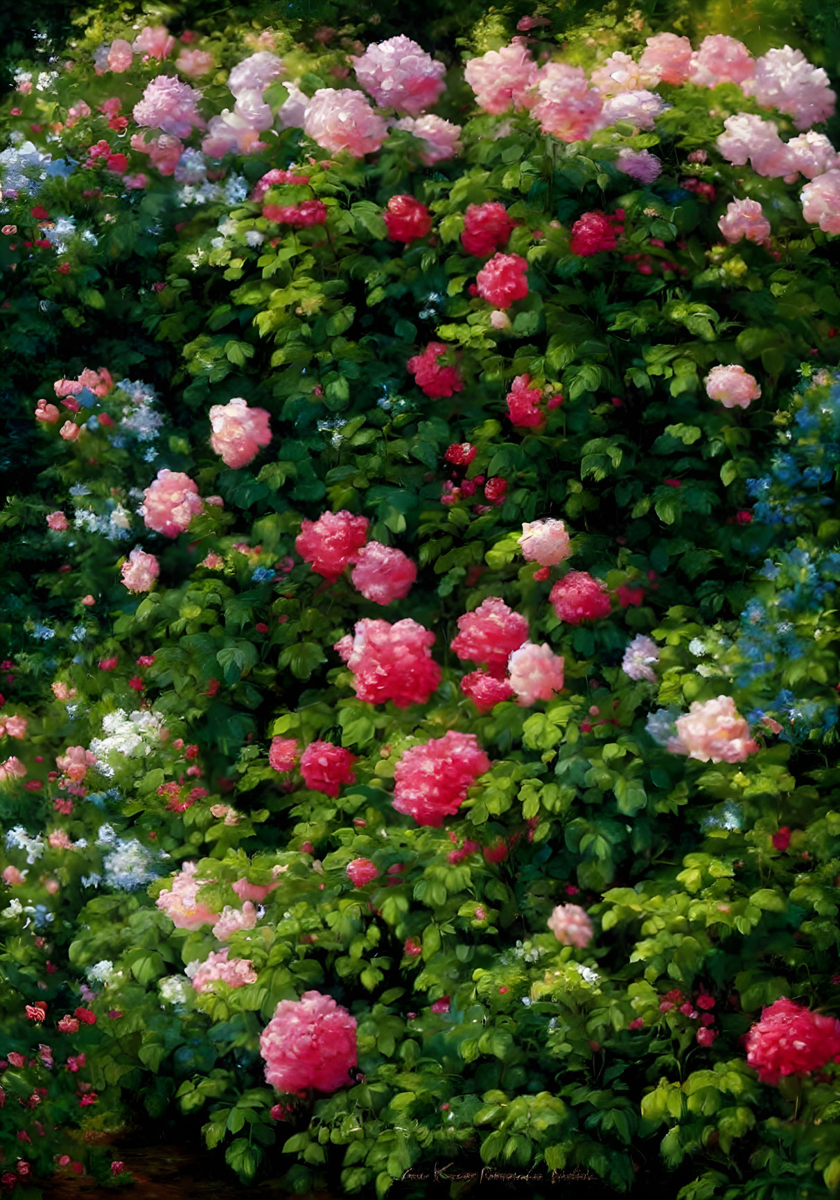 Vibrant blooming roses in pink, red, and white hues in lush garden landscape