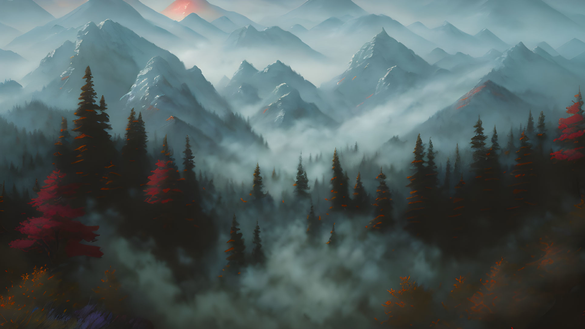 Misty mountains, autumn forest, and glowing sunrise landscape