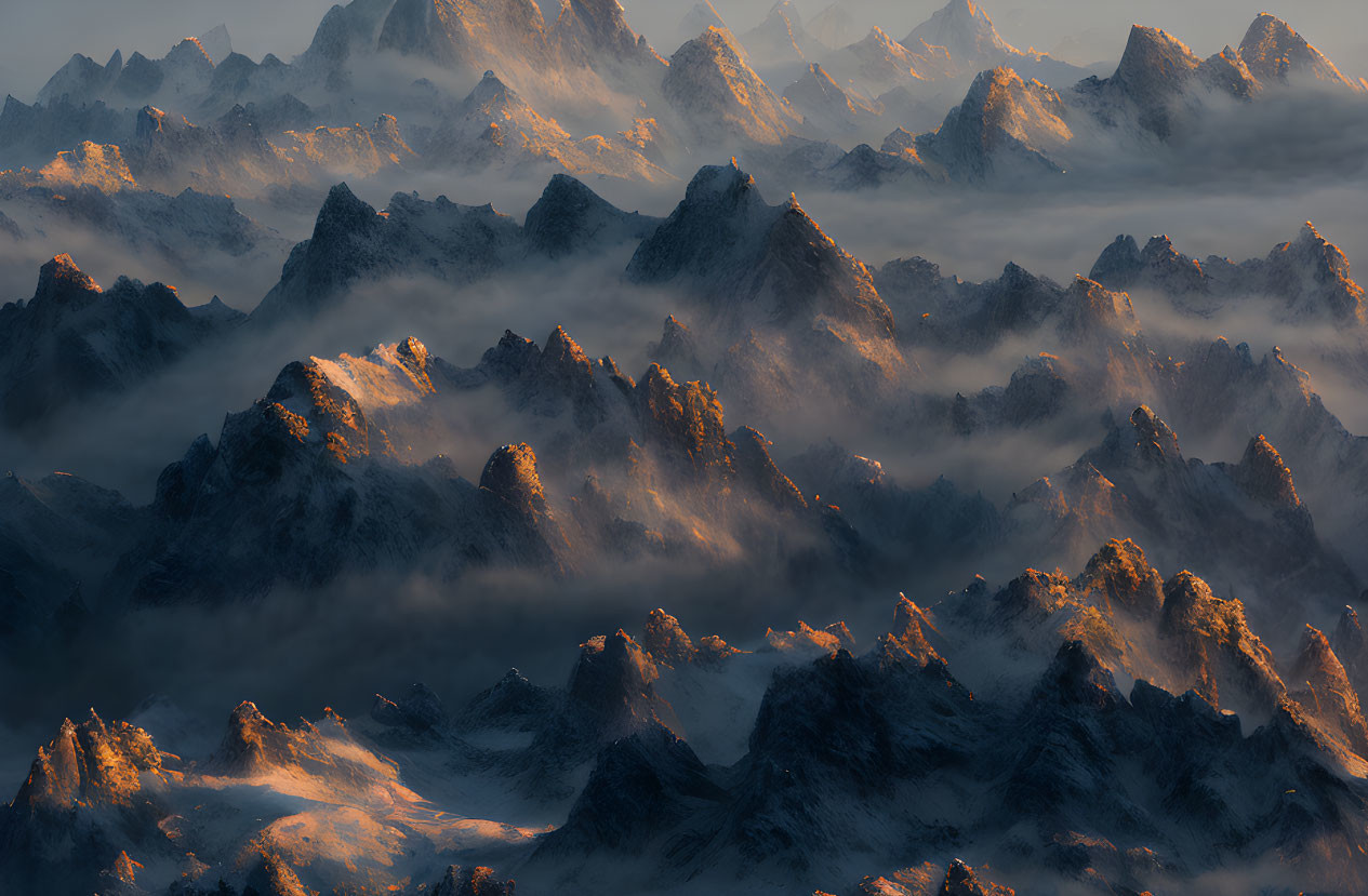 Majestic mountain peaks in golden sunlight and misty clouds at dawn or dusk