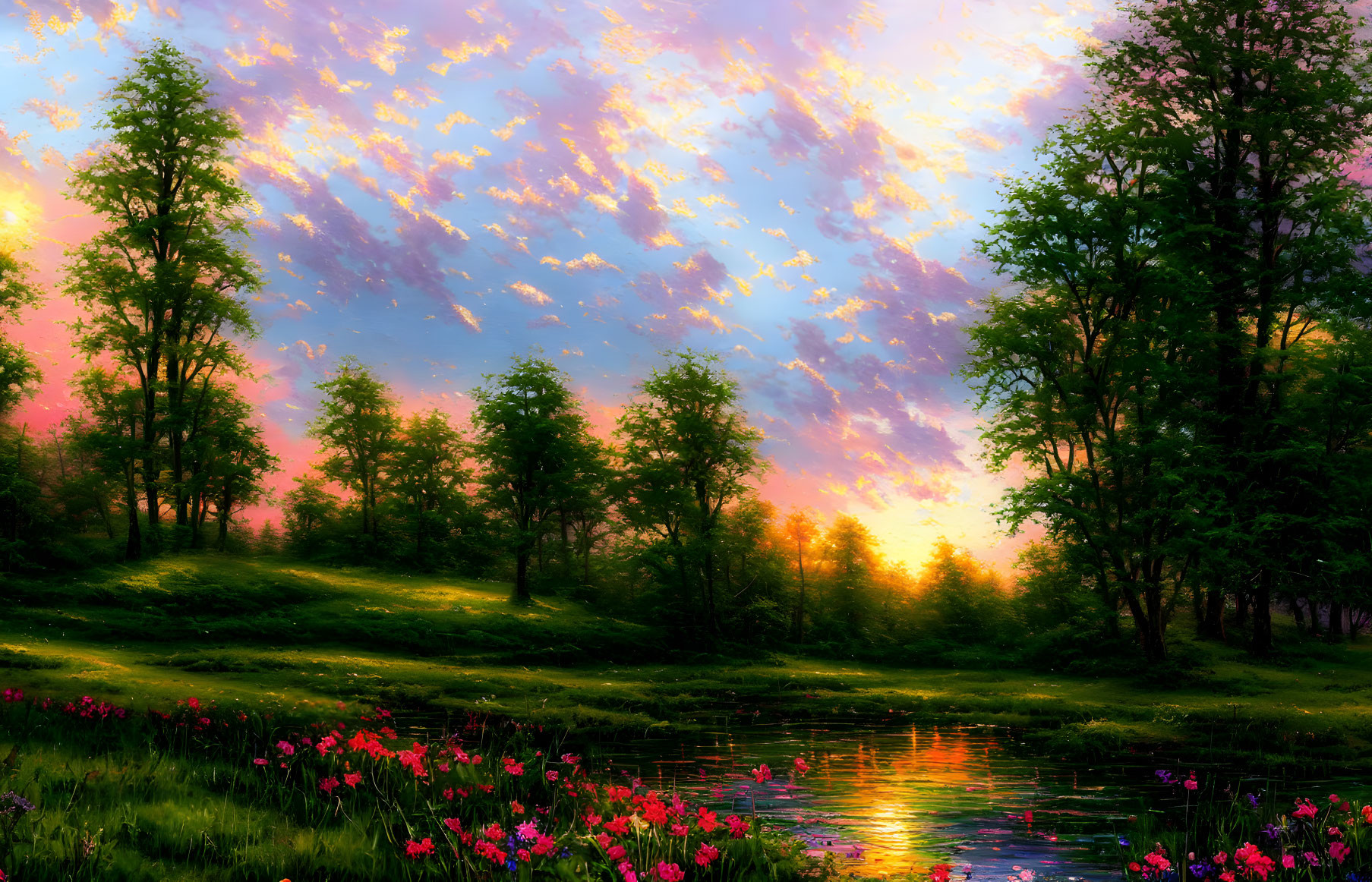 Colorful landscape with trees, pond, sunset reflection, pink clouds, and flowers