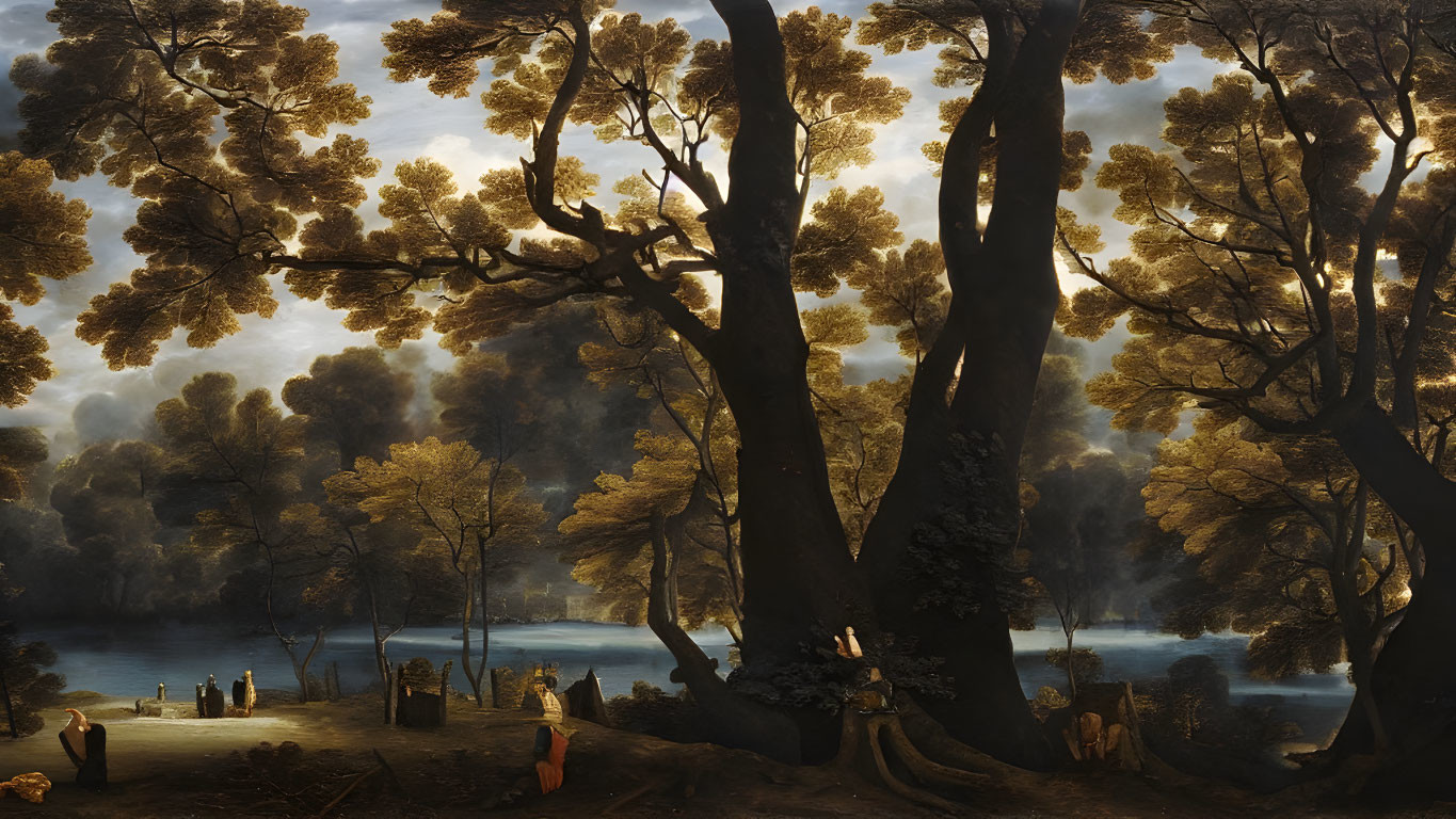 Tranquil Forest Scene with Towering Trees and Lake Figures