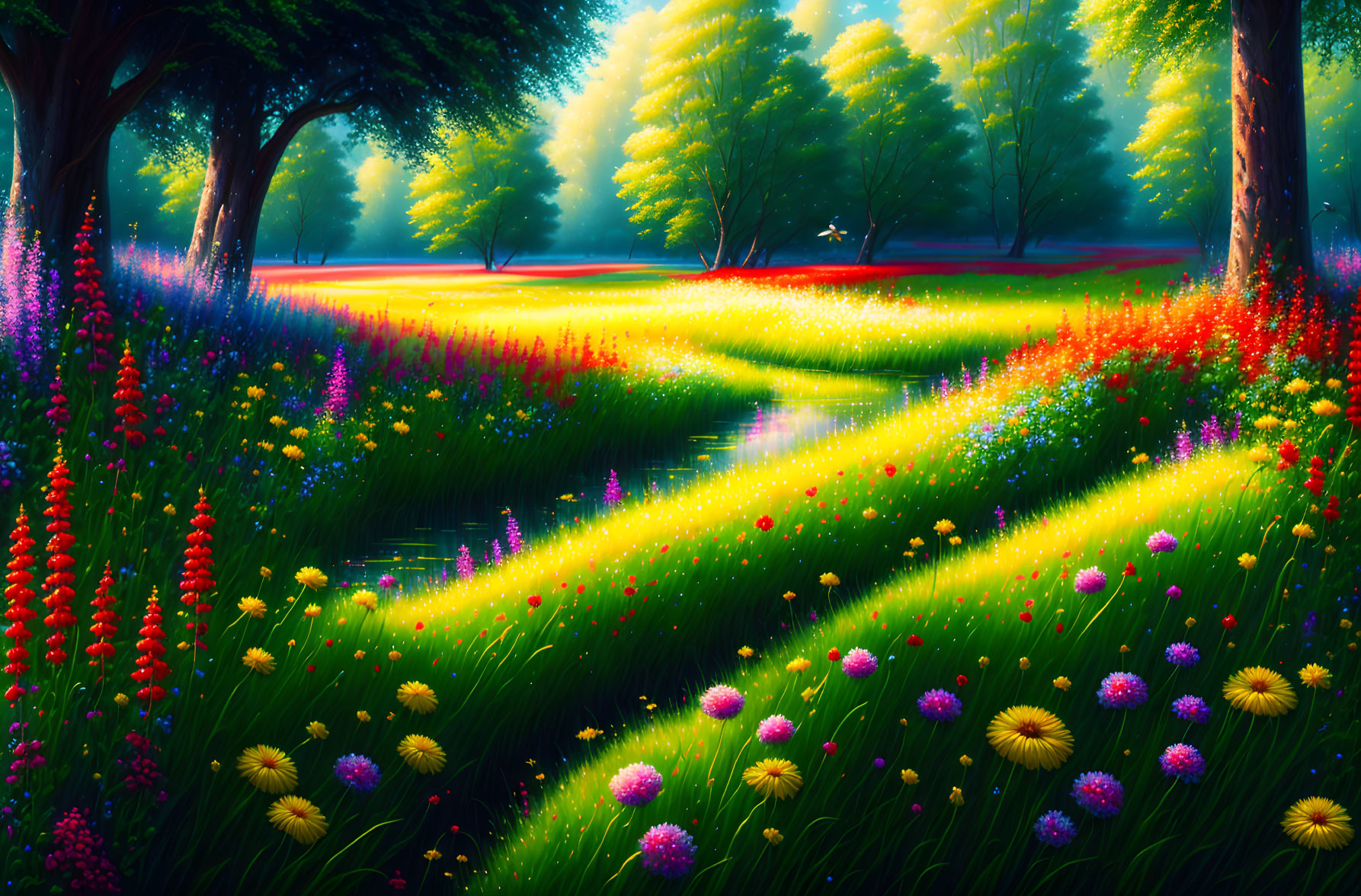 Colorful Meadow with Flowers, Sunlit Trees, and Stream