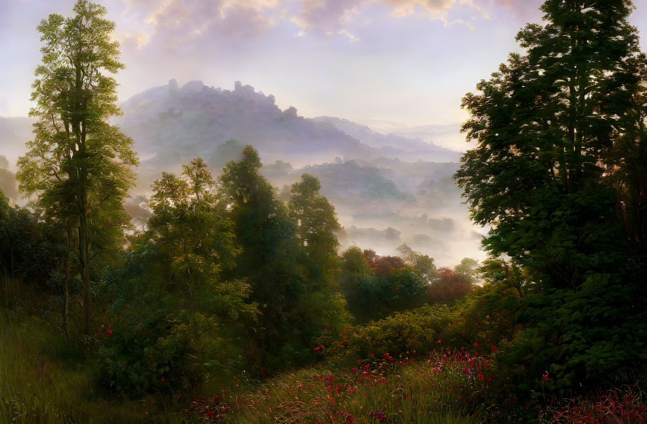 Serene sunrise scene: misty landscape with trees, wildflowers, and distant castle.