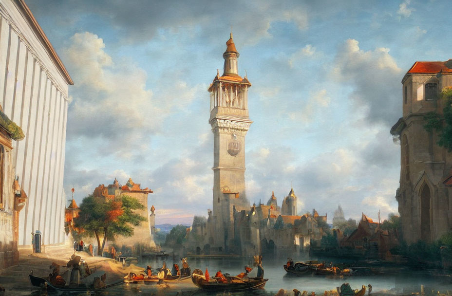 Classic Oil Painting: Serene Canal Scene with Boats and Clock Tower