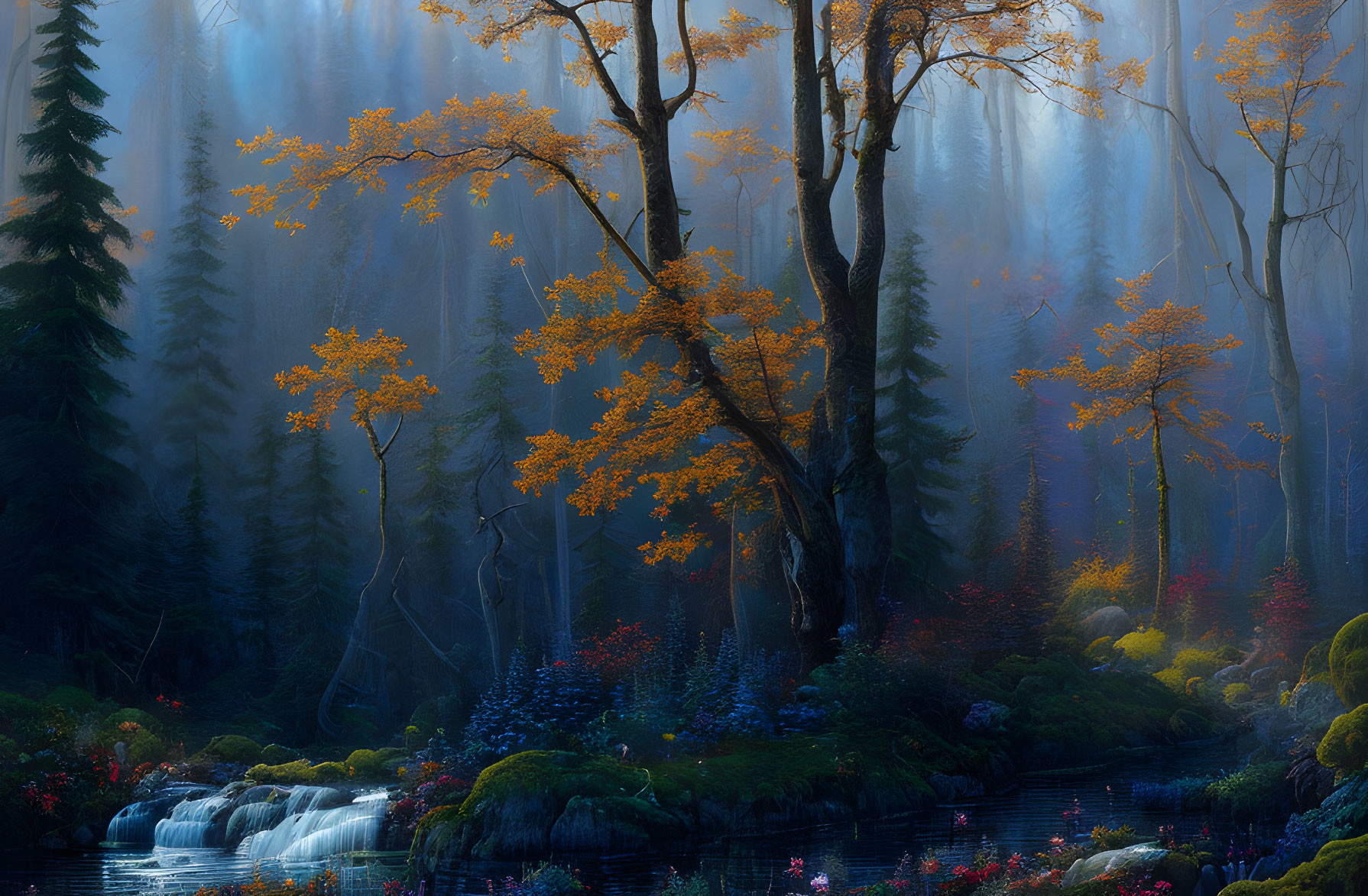 Tranquil forest scene with mist, stream, flowers, and vibrant orange leaves