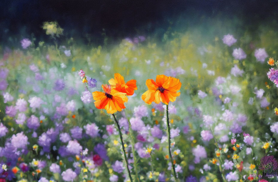 Vibrant orange poppies in blurred purple and yellow wildflower field
