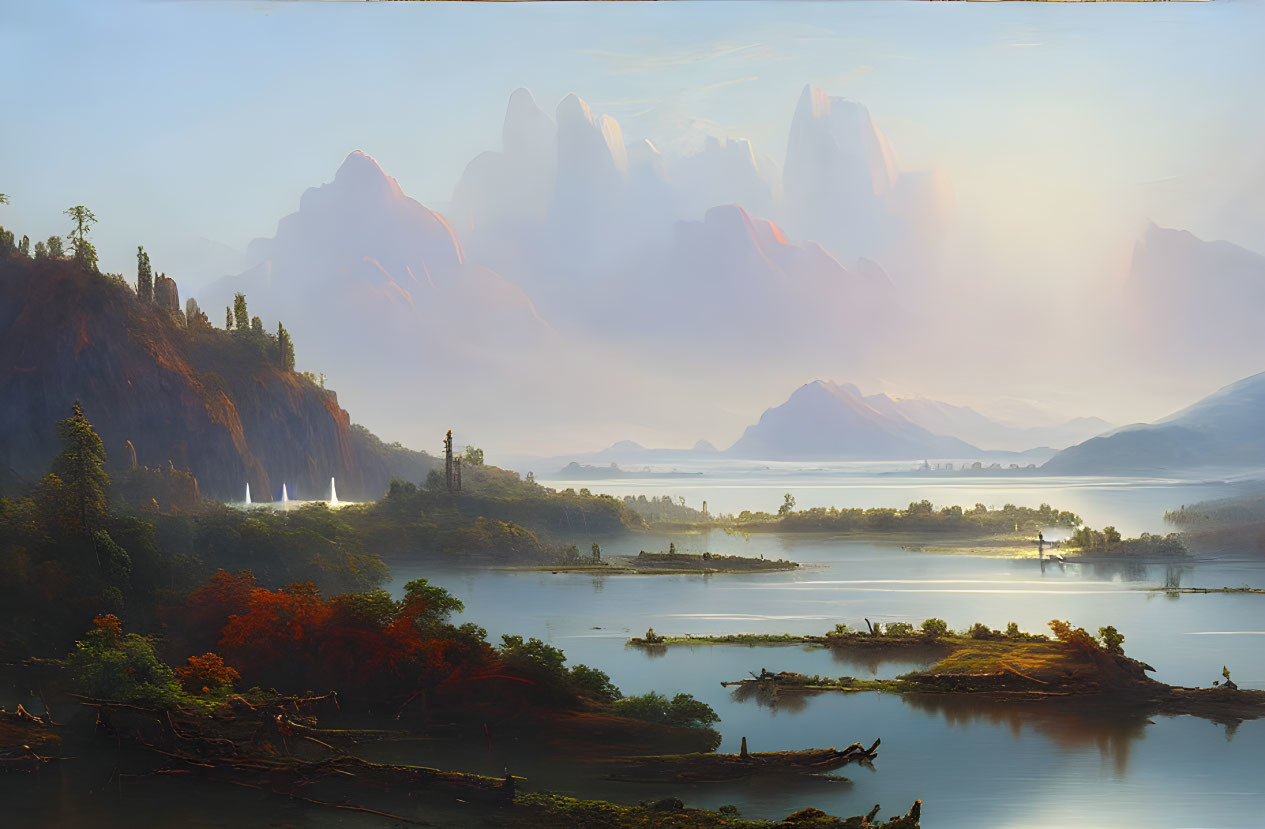 Tranquil landscape painting: river, misty mountains, lush forests