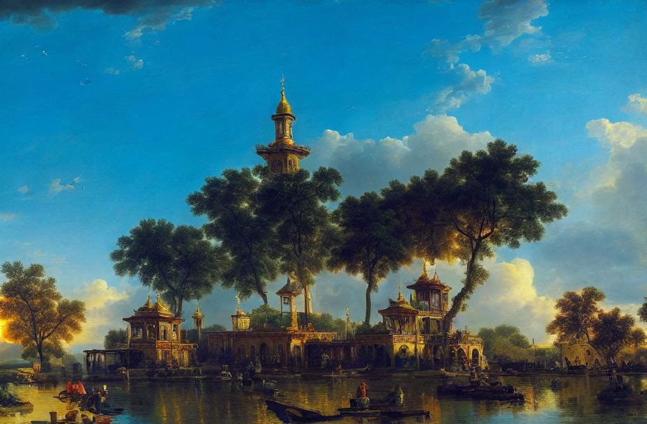 Ornate pagoda surrounded by trees reflected on lake with boats