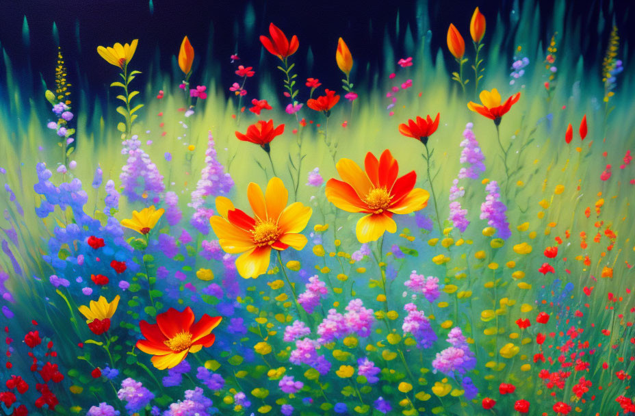 Colorful Wildflower Meadow Painting with Red, Yellow, Purple Blooms