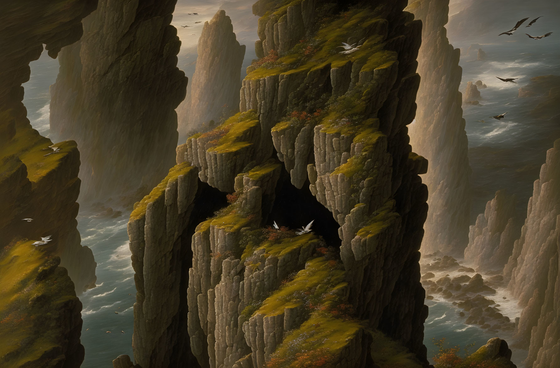 Steep rocky cliffs with greenery and soaring birds in misty sunlight