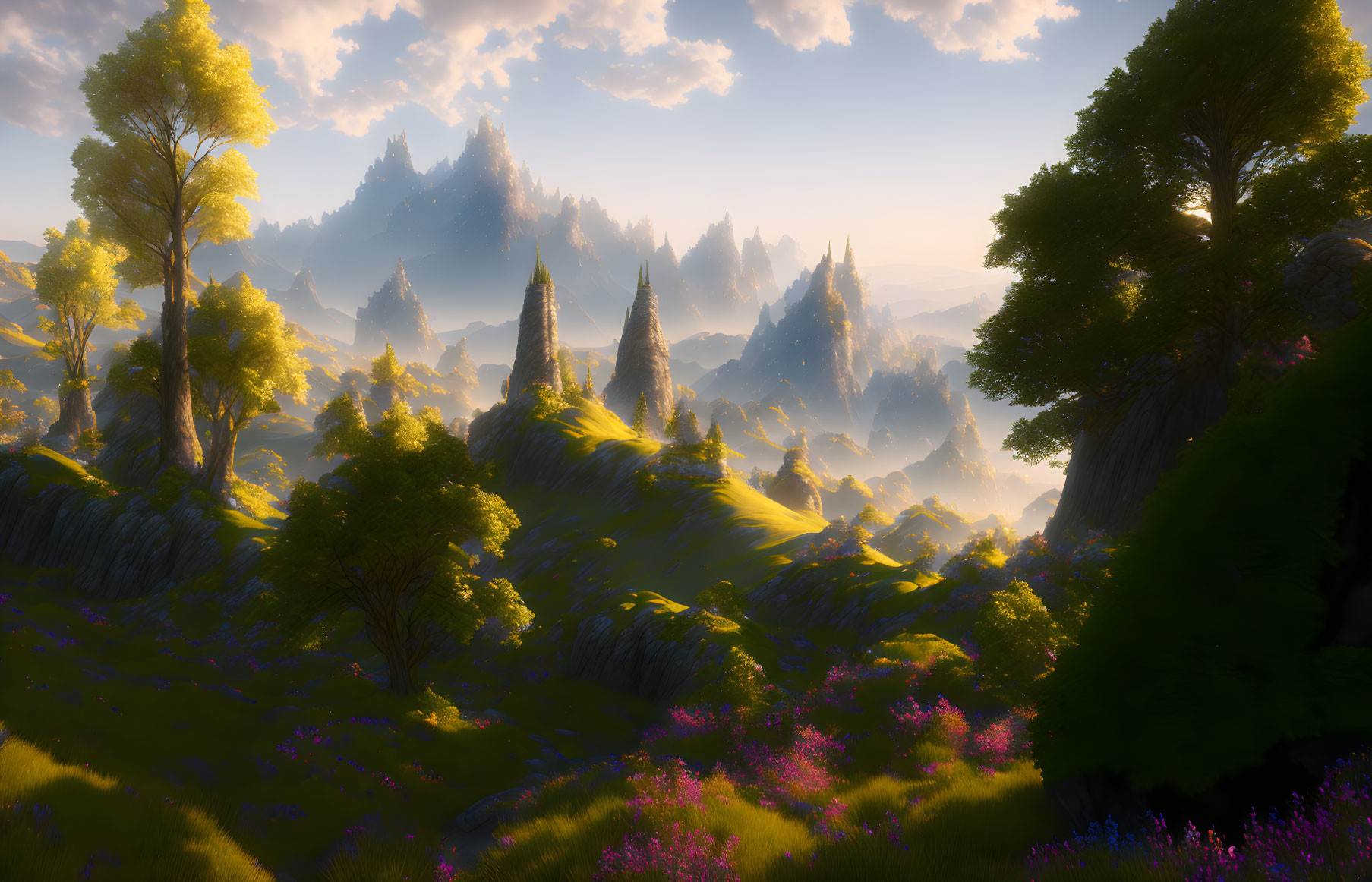 Tranquil landscape: sunlight through trees, purple flowers, distant rocky spires