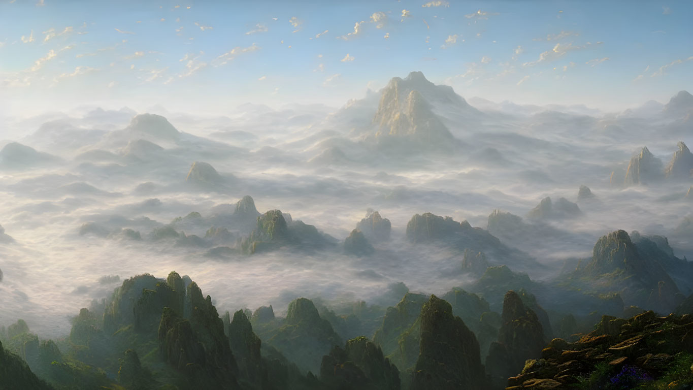Misty mountains under soft sunlight above clouds