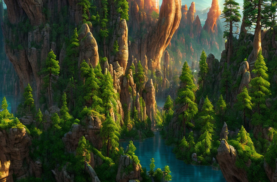 Majestic forested canyon with winding river