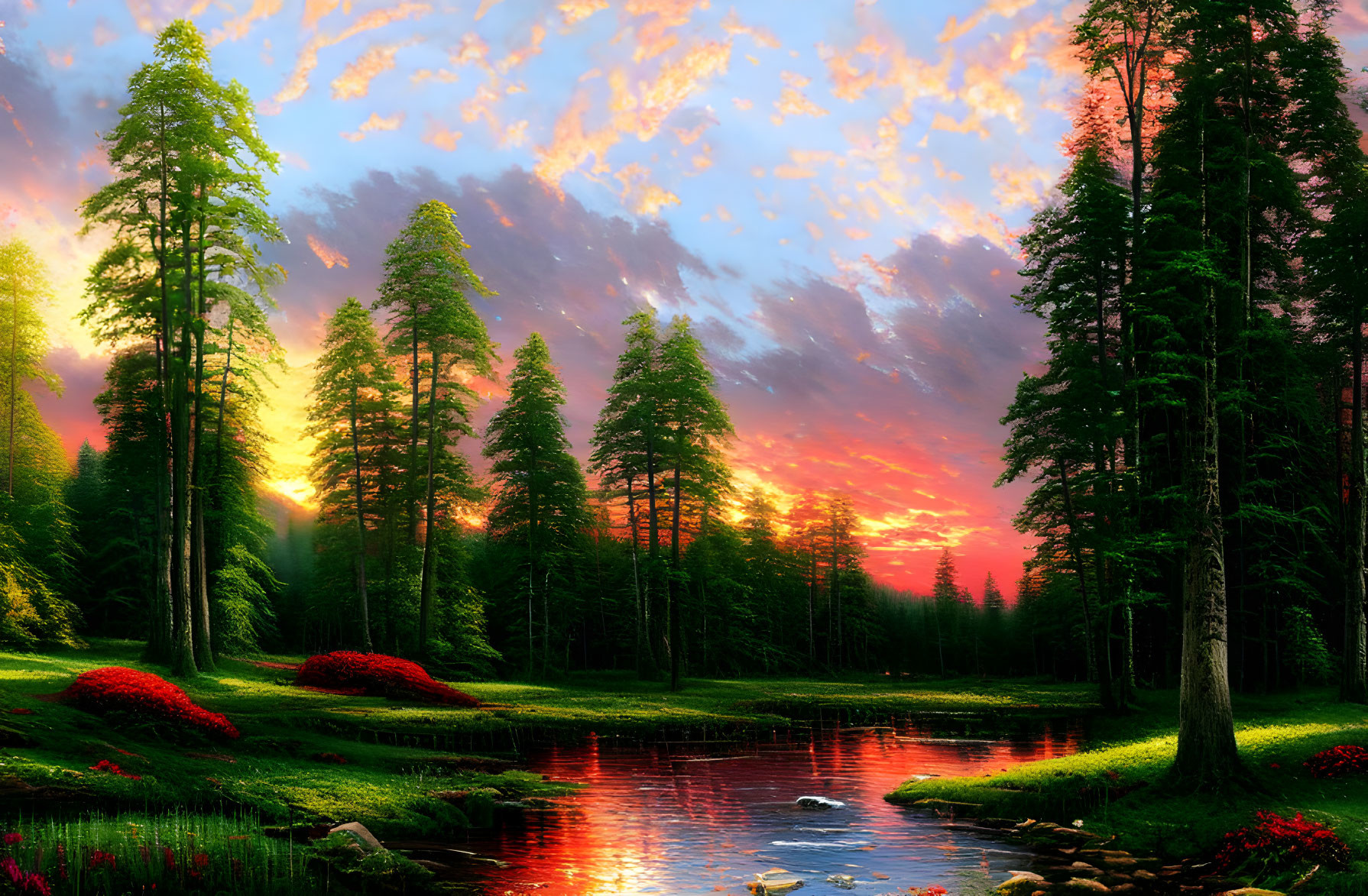 Tranquil forest sunset with tall trees, stream, red flowers, orange-pink sky