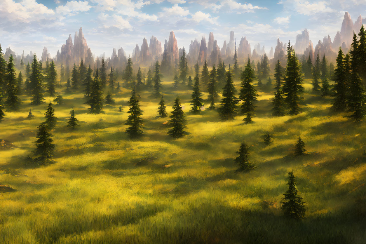 Sunlit forest landscape with evergreen trees and rocky spires in serene painting