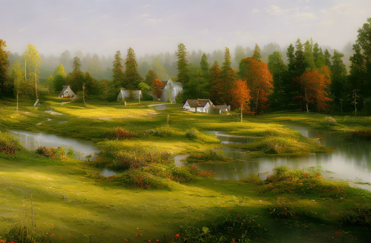 Tranquil autumn landscape with lake, trees, paths, and houses in mist