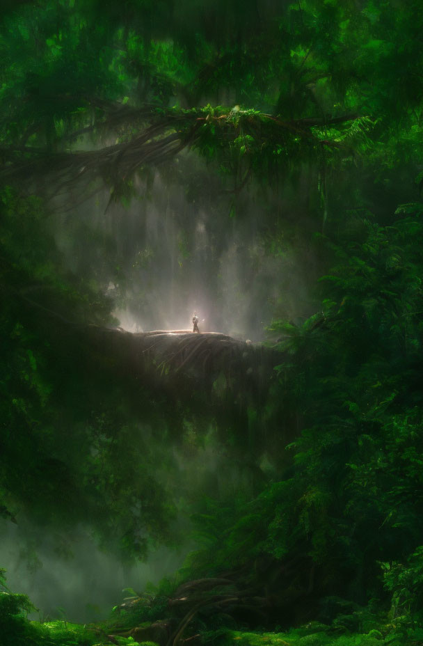 Mystical forest cliff scene with lone figure in light shaft