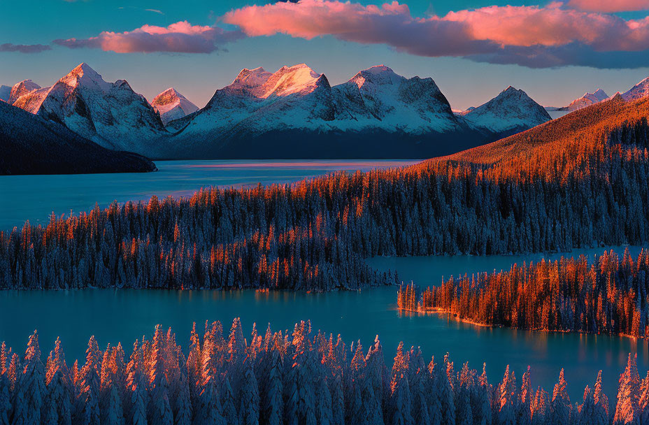 Snow-capped mountains and forests frame serene lake at sunset