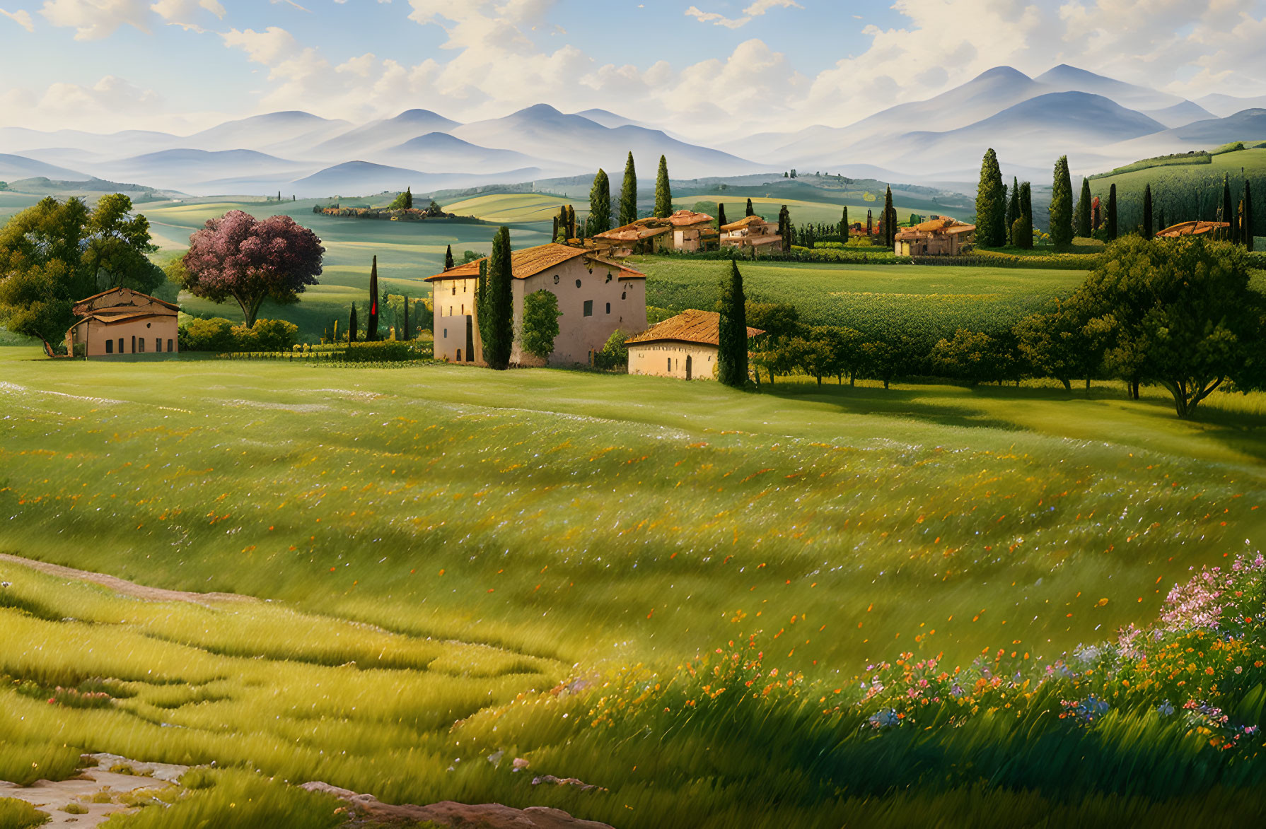 Picturesque Tuscan landscape: rolling hills, green fields, wildflowers, rustic houses, clear blue