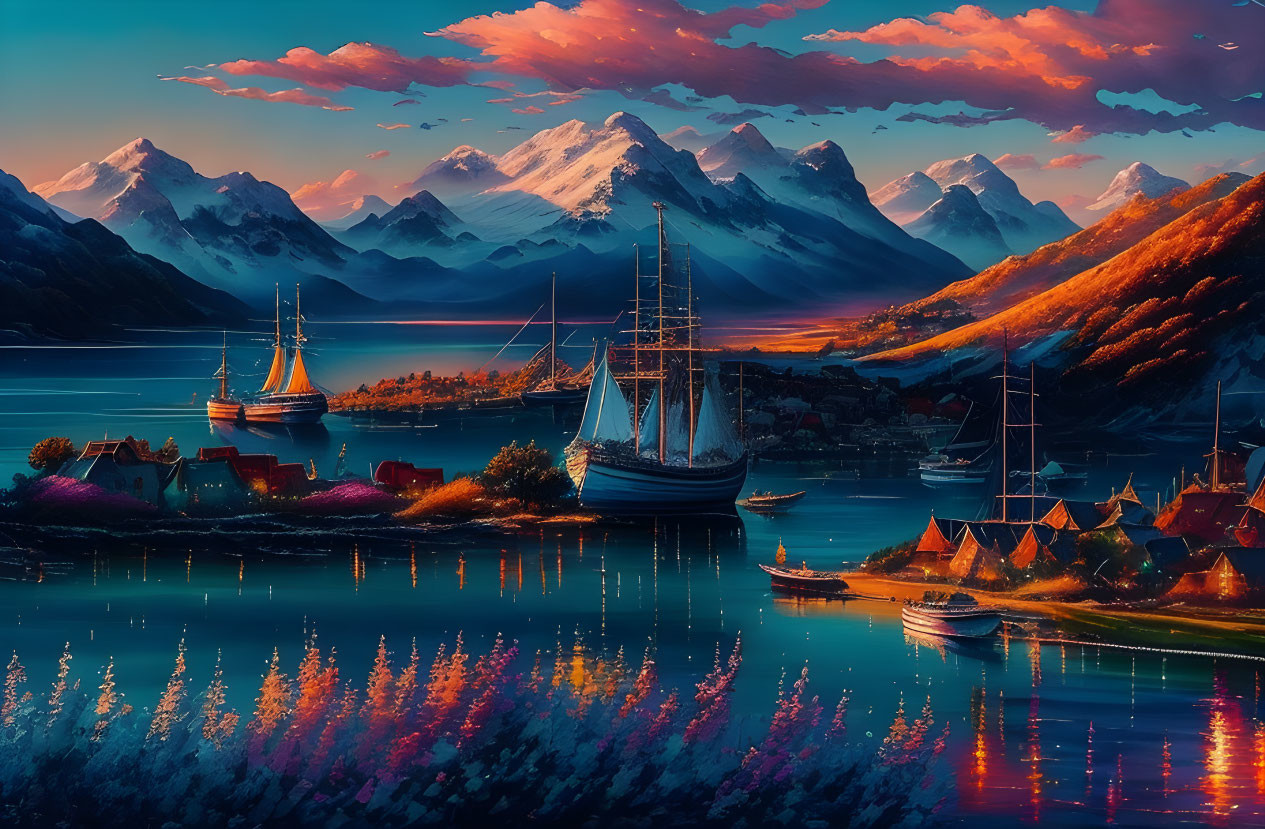 Colorful Harbor Scene with Ships and Mountains at Sunset