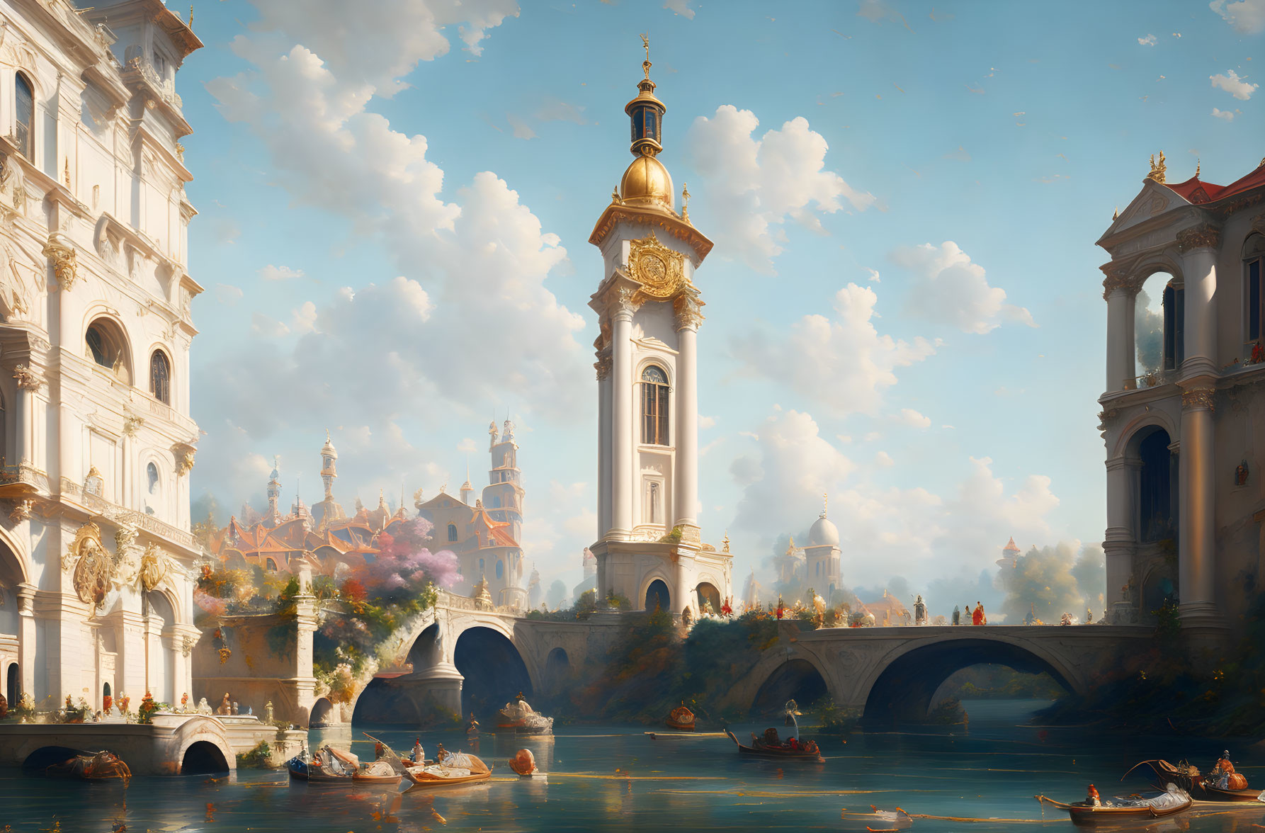 Baroque-style cityscape with clock tower, river, bridge, and cloudy sky