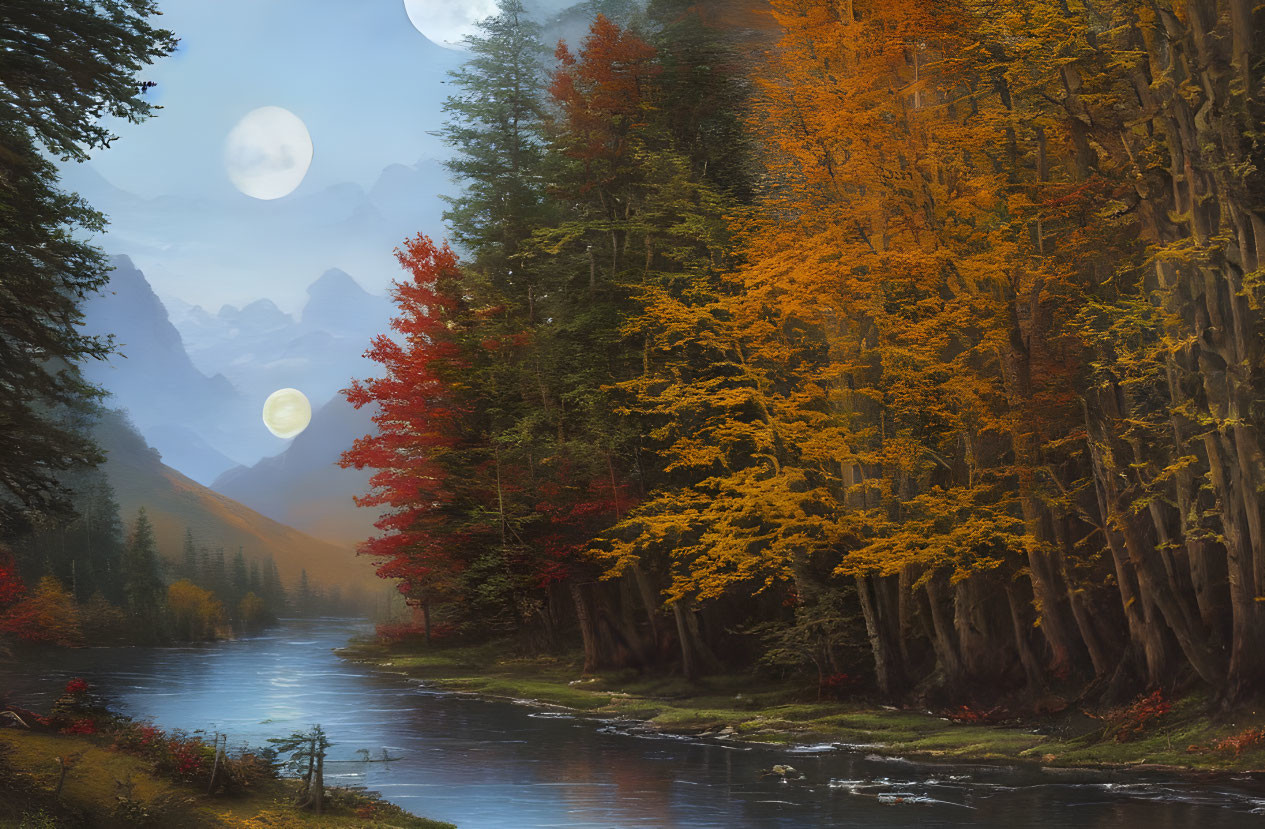 Autumnal river landscape with fall trees and multiple moons.