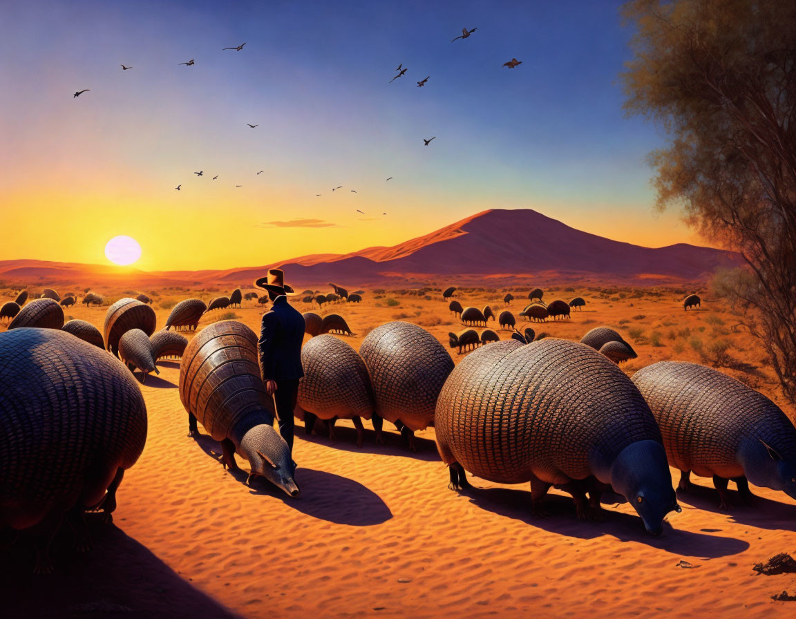 Person in hat surrounded by armadillo-like sculptures in desert sunset with flying birds