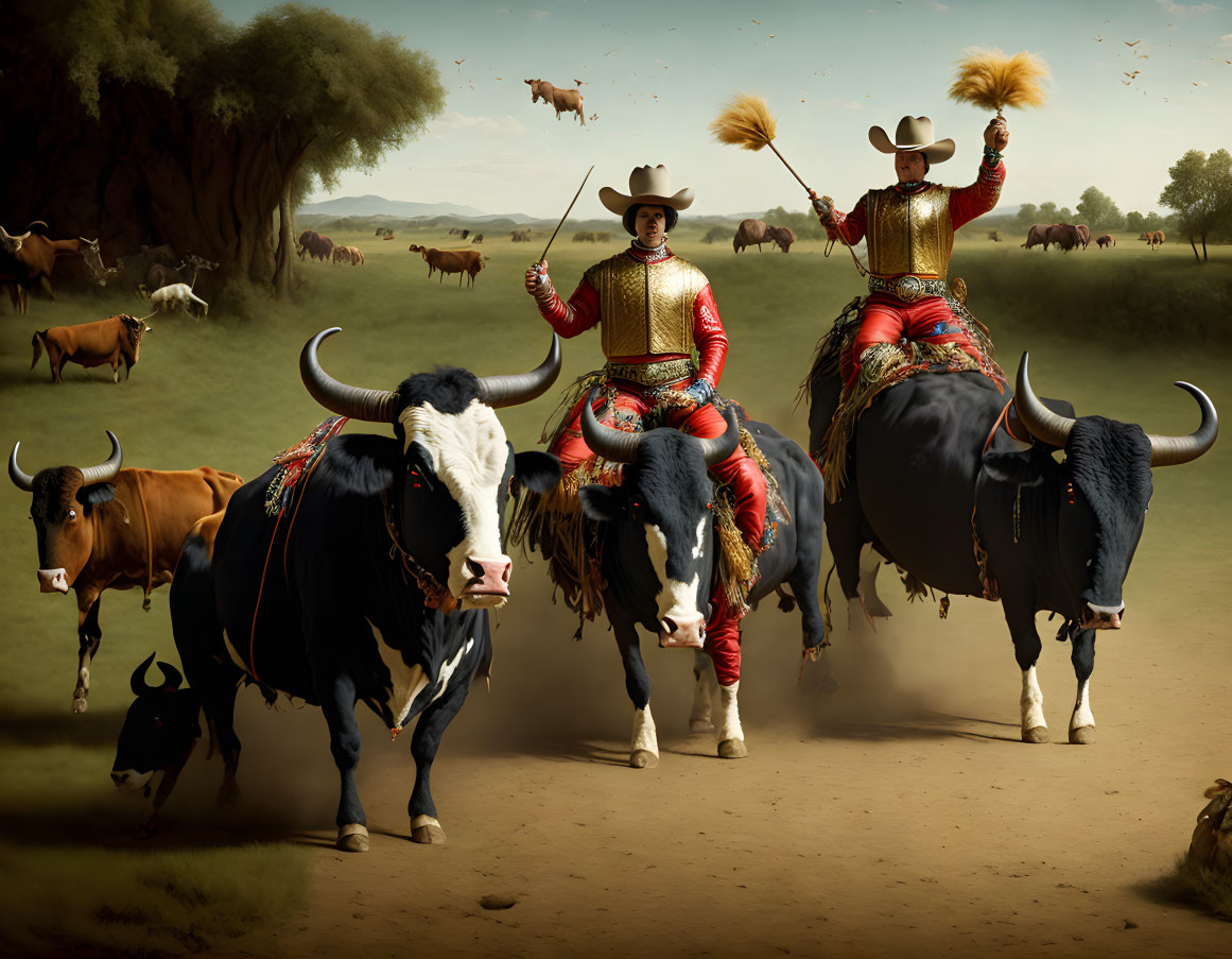 Matador-themed artwork: Two figures on bulls in pastoral setting