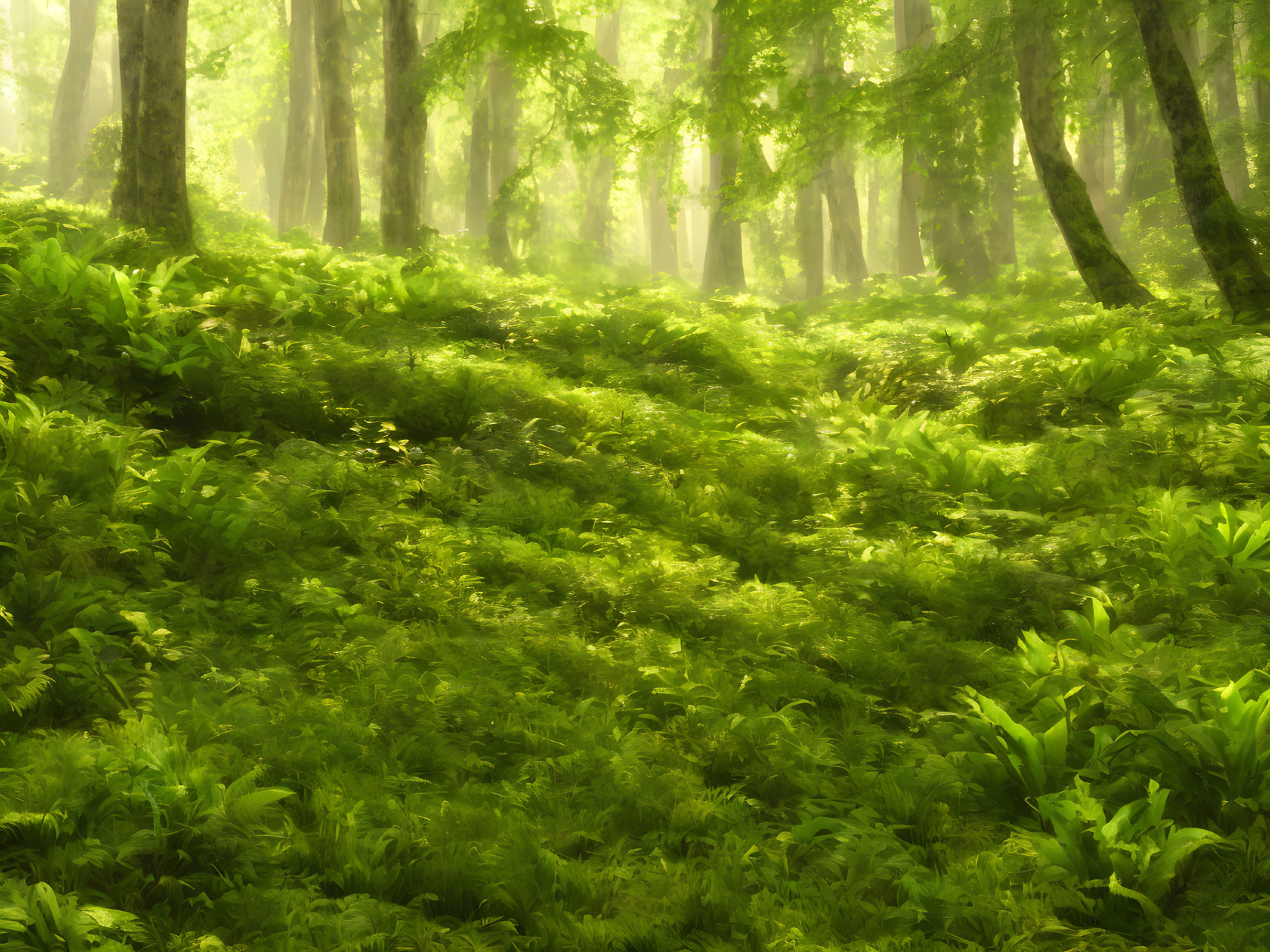 Sunlit forest with vibrant green foliage and mist creating a tranquil woodland scene