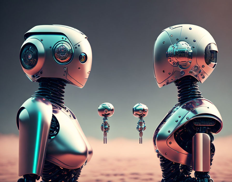 Intricately designed humanoid robots on warm-toned backdrop