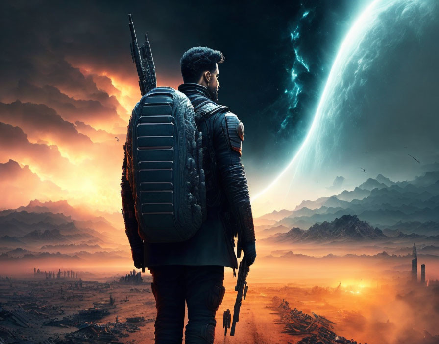 Person with backpack and gun in futuristic landscape with bright rift over war-torn terrain.