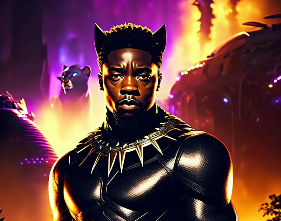 Stylized black panther costume with vibrant orange and purple backdrop