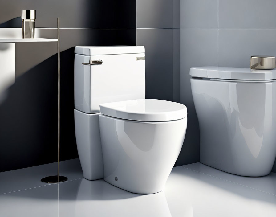 Sleek white toilet and bidet in modern bathroom with gray tiles