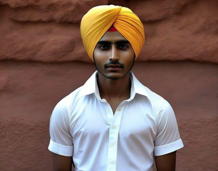 Man wearing orange turban and white shirt on terracotta background