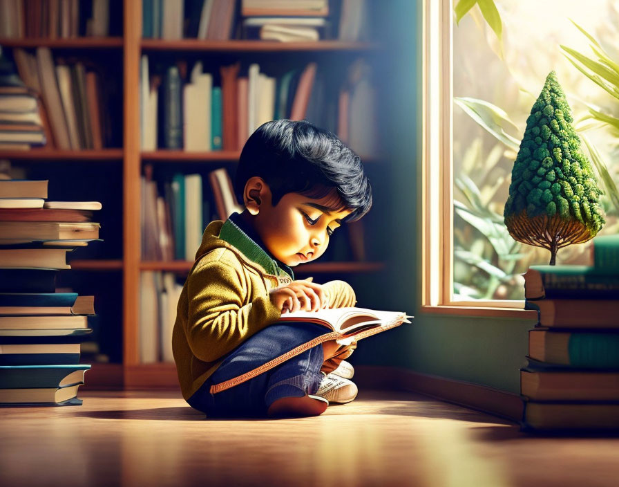 Young child reading book by window with sunlight, book stacks, and plant.