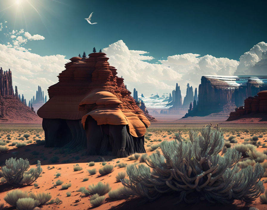 Majestic desert scene with red rock formations and soaring bird