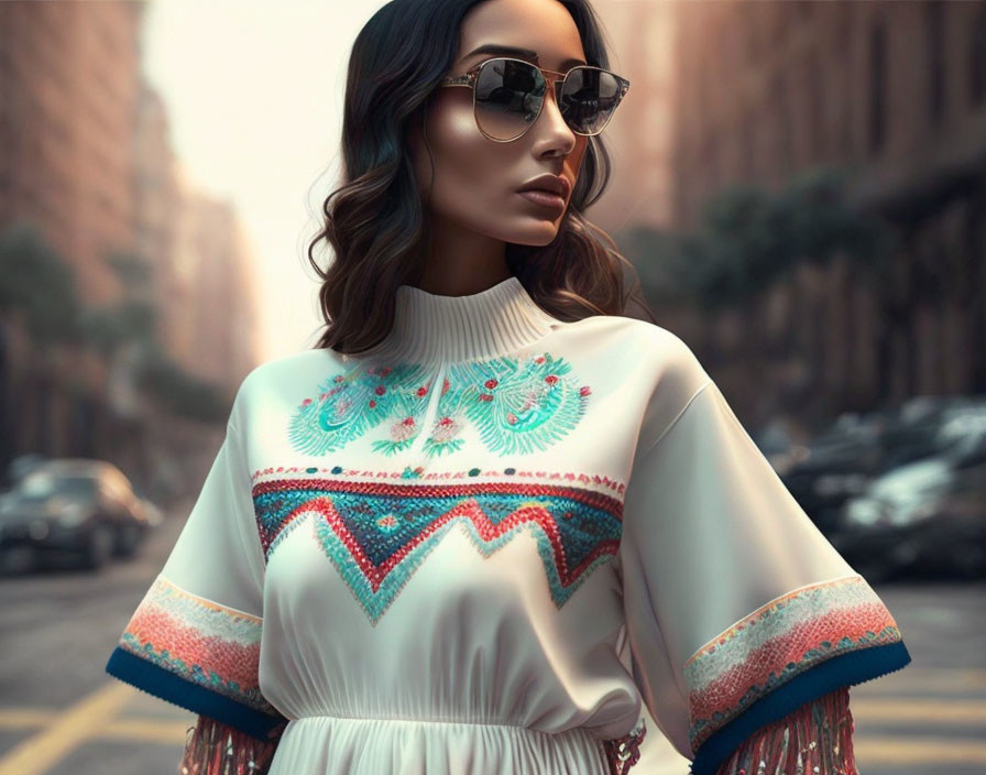 Elegant woman in white embroidered dress on city street