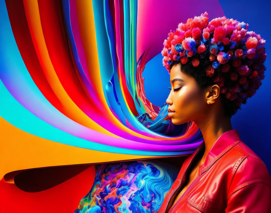 Colorful Woman with Flower-Adorned Hair in Vibrant Setting