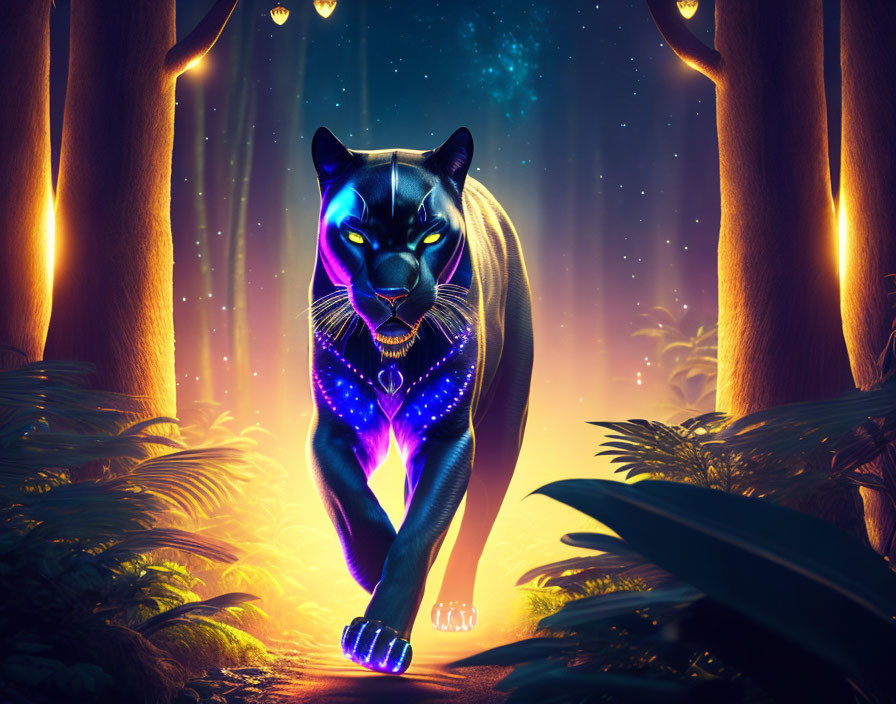 Majestic black panther with blue hues in mystical forest