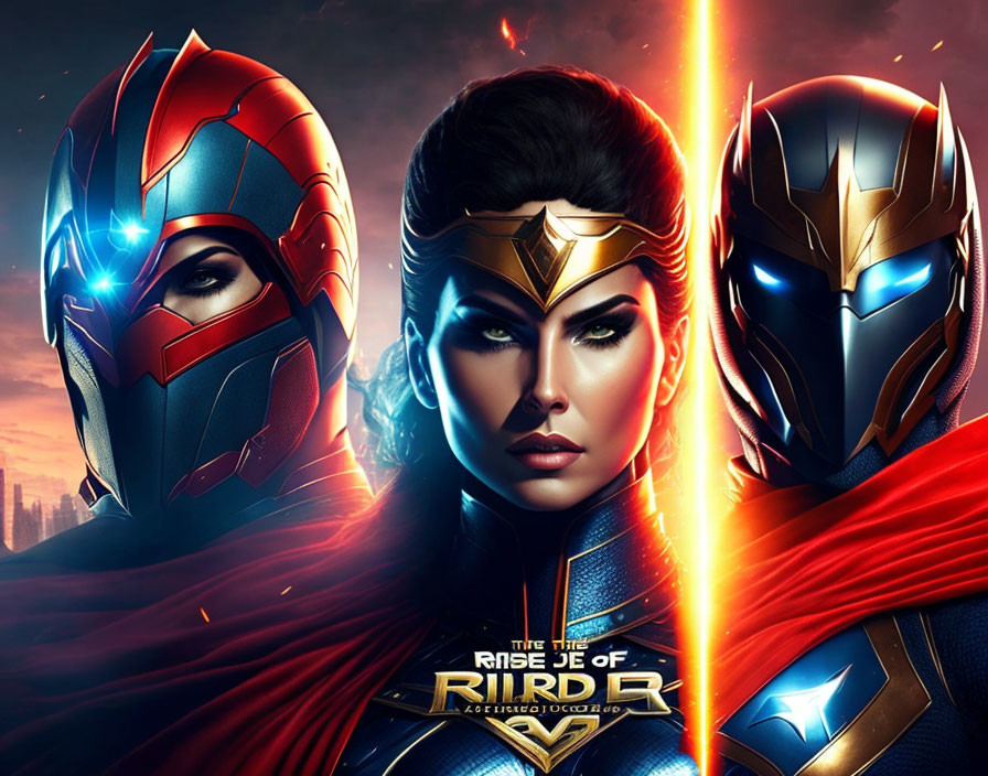 Three armored superheroes with intense gazes against fiery backdrop