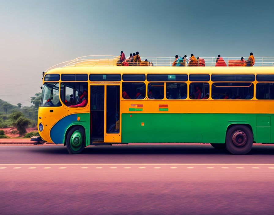 Vibrant bus with passengers on roof in motion against blurred background