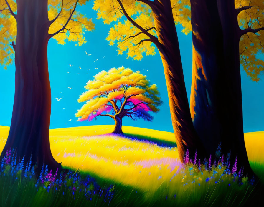 Colorful painting of solitary tree in flowered meadow with bright blue sky