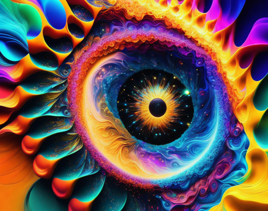 Colorful Psychedelic Eye Artwork with Swirling Fractal Patterns