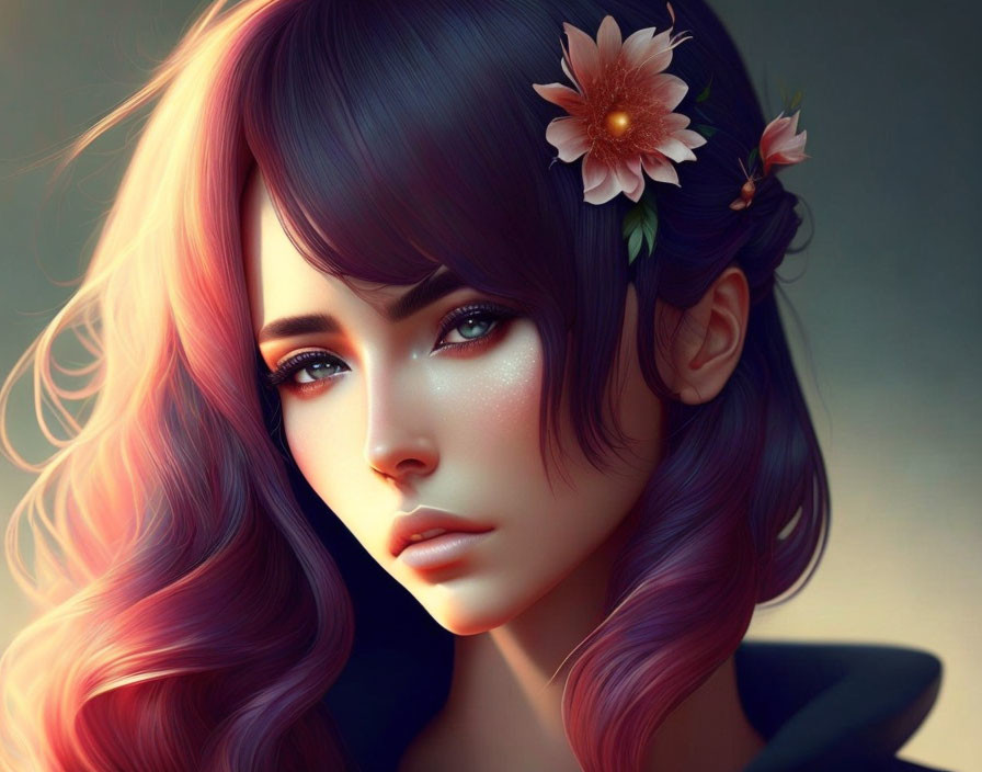 Digital Art: Woman with Purple Hair and Flower, Striking Eyes