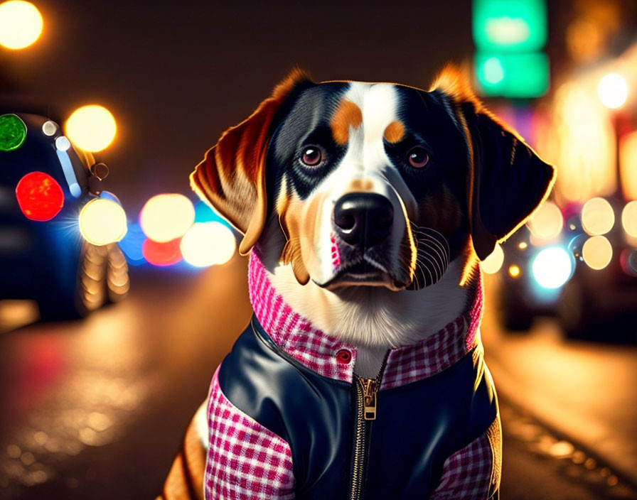 Stylish Dog in Zip-Up Jacket on City Street at Night