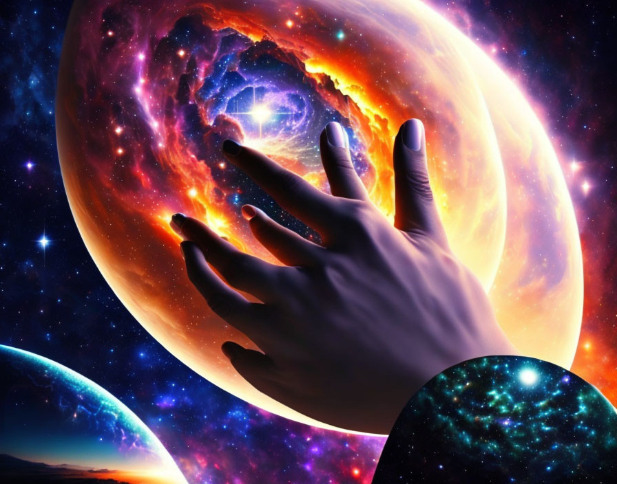 Surreal hand reaching vibrant galaxy with nebulae